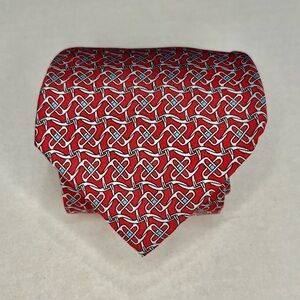 Hermes Men's Tie Geometric Chain Links Red/Blue Silk 5525 UA 3.75" (W) x 60" (L)